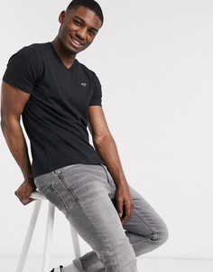 Черная футболка с v-образным вырезом и логотипом Hollister-Темно-синий