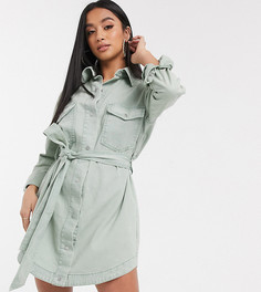 Шалфейно-зеленое джинсовое платье-рубашка в стиле oversized с поясом Missguided Petite-Зеленый