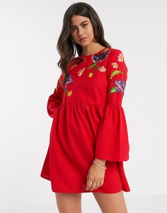 Красное свободное платье мини с вышивкой и расклешенными рукавами ASOS DESIGN-Красный