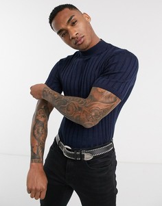 Темно-синяя обтягивающая футболка в рубчик ASOS DESIGN-Бежевый