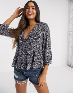 Фиолетовая свободная блузка с цветочным принтом Vila-Синий