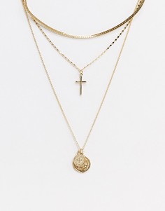 Золотистое ярусное ожерелье с подвесками в виде креста и монет Topshop-Золотой