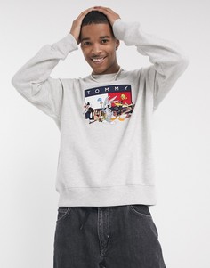 Серый меланжевый свитшот с вышивкой и логотипом-флагом Tommy Jeans x Looney Tunes Capsule