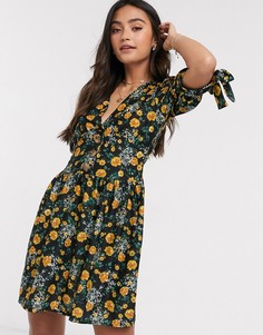 Чайное платье мини с пуговицами и цветочным принтом ASOS DESIGN-Черный