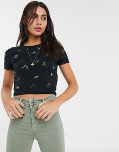 Черная футболка с цветочным принтом Topshop-Черный