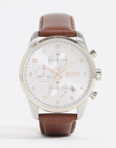 Часы с коричневым кожаным ремешком BOSS 1513786-Коричневый