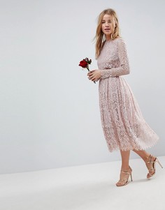 Кружевное платье миди с длинными рукавами ASOS DESIGN-Бежевый
