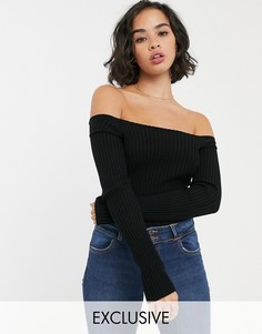 Черный джемпер в рубчик с открытыми плечами Bershka