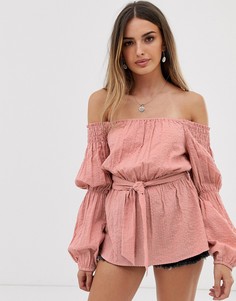 Фактурный топ с открытыми плечами, длинными рукавами и поясом ASOS DESIGN-Розовый