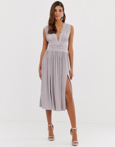 Плиссированное платье миди с кружевной вставкой ASOS DESIGN-Розовый