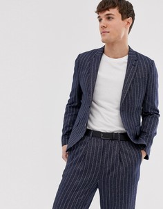 Укороченный приталенный пиджак в полоску с добавлением льна ASOS DESIGN-Синий