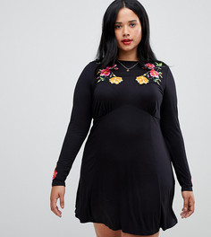 Чайное платье с длинными рукавами и вышивкой ASOS DESIGN Curve-Черный