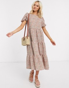 Свободное ярусное платье миди с мелким цветочным принтом ASOS DESIGN-Мульти