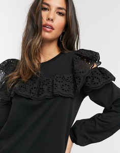 Черный топ с длинными рукавами и вышивкой ришелье River Island