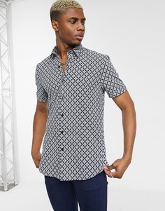 Темно-синяя строгая рубашка с принтом листьев Topman-Темно-синий