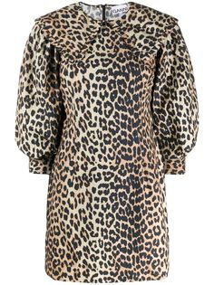 GANNI платье с леопардовым принтом и объемными рукавами
