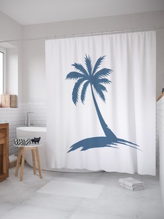 Штора (занавеска) для ванной «Синяя пальма» из ткани, 180х200 см с крючками Joy Arty