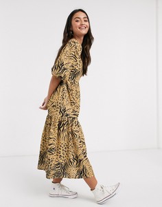 Свободное платье миди с квадратным вырезом и звериным принтом ASOS DESIGN-Коричневый