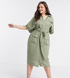 Платье-рубашка миди цвета хаки с пуговицами и поясом ASOS DESIGN Curve-Зеленый