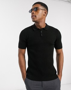 Черная обтягивающая футболка-поло в рубчик ASOS DESIGN-Черный