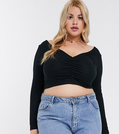 Черный топ с V-образным вырезом и сборкой ASOS DESIGN Curve