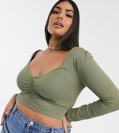 Топ цвета хаки с V-образным вырезом и сборкой ASOS DESIGN Curve-Зеленый