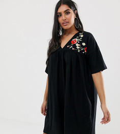 Хлопковое свободное платье с вышивкой ASOS DESIGN Curve-Черный