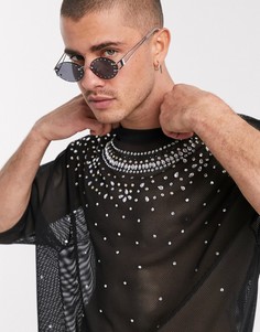 Сетчатая футболка в стиле oversized с рукавами до локтя и стразами ASOS DESIGN-Черный