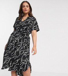 Черное платье-рубашка миди с поясом и абстрактным принтом Vero Moda Curve-Мульти