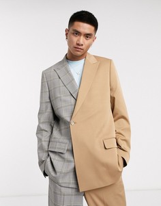 Пиджак в серую клетку с однотонной коричневой вставкой Jaded London-Коричневый