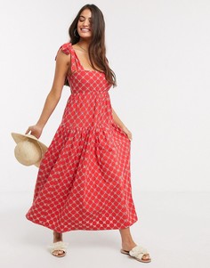 Красное ярусное платье миди на завязывающихся бретельках с вышивкой ришелье ASOS DESIGN-Красный