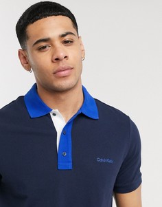 Футболка-поло из ткани пике с контрастным воротником Calvin Klein-Темно-синий