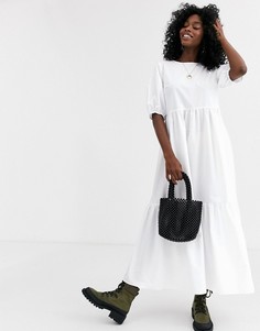 Белое ярусное свободное платье миди из хлопкового поплина ASOS DESIGN-Белый