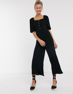 Черный комбинезон в рубчик с пуговицами и пышными рукавами ASOS DESIGN