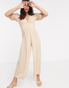 Светло-бежевый чайный комбинезон с пышными рукавами ASOS DESIGN-Мульти