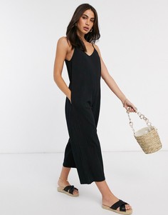 Черный комбинезон на бретелях с добавлением льна ASOS DESIGN