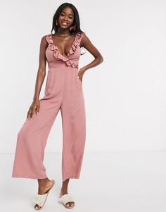 Розовый комбинезон-кюлоты на бретелях с запахом и оборками ASOS DESIGN