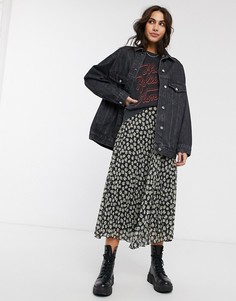 Черная юбка миди со складками и цветочным принтом Bershka-Белый