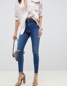Темные джинсы скинни с прорехами и завышенной талией ASOS DESIGN Ridley-Синий