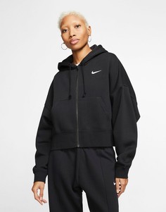 Черный короткий oversized-худи на молнии с маленьким логотипом-галочкой Nike