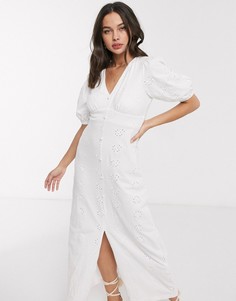 Белое чайное платье макси с вышивкой ришелье и объемными рукавами ASOS DESIGN-Белый