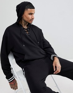 Oversize-худи со шнуровкой и отделкой в рубчик с кантом ASOS-Черный
