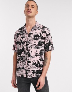 Черная рубашка с короткими рукавами и тропическим принтом розового цвета AllSaints-Мульти