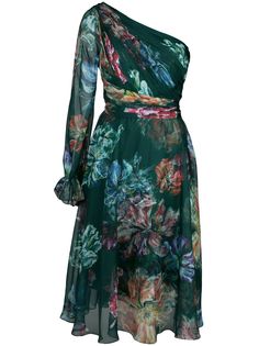 Marchesa Notte платье на одно плечо с цветочным принтом