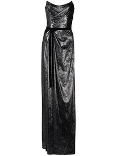 Marchesa Notte платье без бретелей с эффектом металлик и разрезом спереди