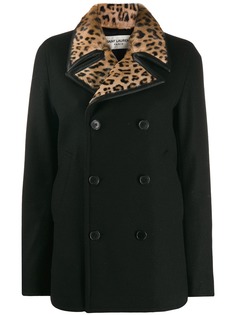Saint Laurent двубортное пальто с леопардовыми лацканами