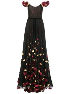 Marchesa Notte платье с открытыми плечами и цветочной вышивкой