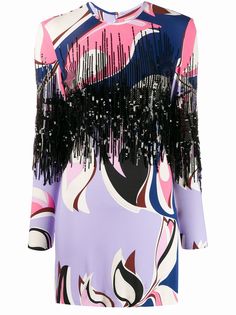 Emilio Pucci платье мини Heliconia с принтом и бахромой из пайеток