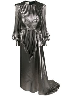 Gucci плиссированное платье из ткани ламе с объемными рукавами