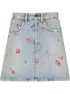 Miu Miu floral-embroidered denim skirt